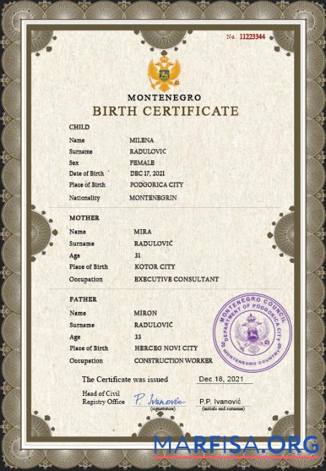 Printable Montenegro vital record birth certificate PSD template